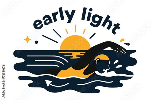 Sunrise Swim. Beach Vacation ? Sunrise Swim. A swimmer glides through glassy water toward a rising sun; long motion lines trail behind. Caption ?early light?