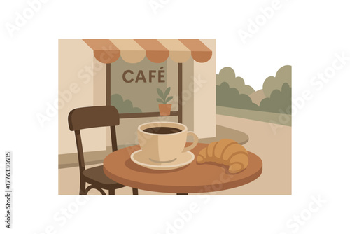 cup of coffee and croissant small street caf calm morning no outline flat vector illustration style isolated on white background muted palette