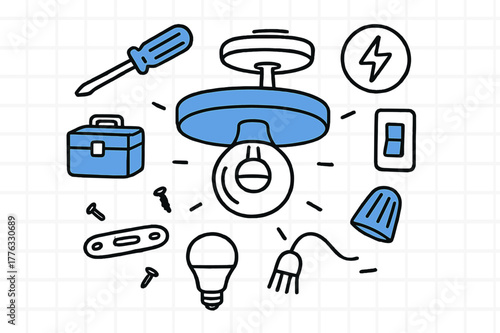 Flush Mount Fixture Illustration. // Flush mount fixture. Hand-drawn doodle illustration Flush mount fixture [round light (accented), ceiling base (accented),