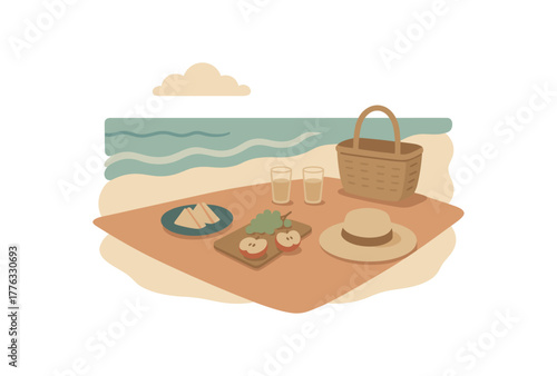 seaside blanket picnic soft light peaceful mindful break near waves no outline flat vector illustration style isolated on white background muted coastal palette