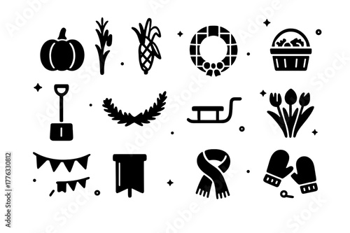 Farmhouse Porch Icons. Seasonal Farmhouse Porch. Solid icons set of Seasonal Farmhouse Porch: pumpkin, corn stalk, plaid wreath, harvest basket, snow shovel,