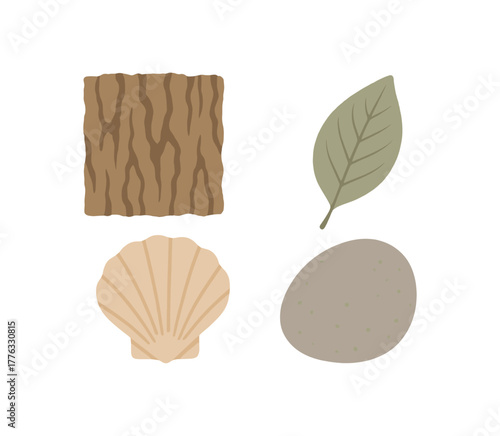 collection of mixed textures bark leaf stone visual calmness no outline flat vector illustration style isolated on white background soft tones