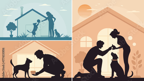Silhouettes of people interacting with dogs in different scenarios near houses and in outdoor settings