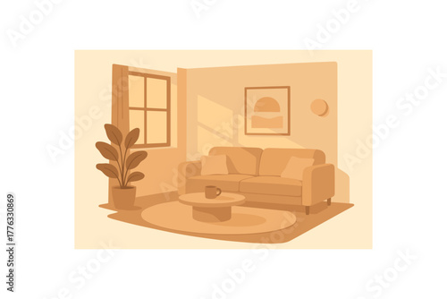 sunset light soft beige living room slow evening calmness no outline flat vector illustration style isolated on white background warm natural hues