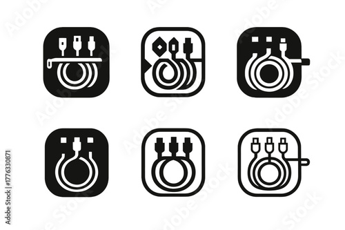 Travel Cable Logos. Travel cable kit. Set Logo of Travel cable kit: zip pouch with neatly wound leads. harmonious logo variations of the same emblematic