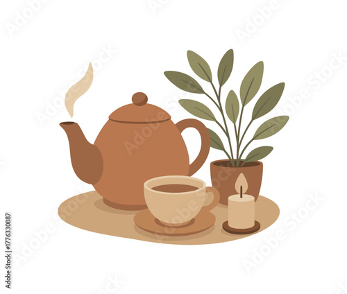 tea pot and candle peaceful home corner warm harmony no outline flat vector illustration style isolated on white background muted natural tones