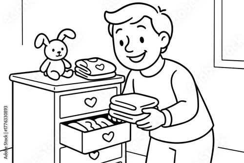 Coloring Book Dresser Scene. Organizing baby dresser children?s coloring book illustration, outlined drawing, a cheerful parent placing folded baby clothes