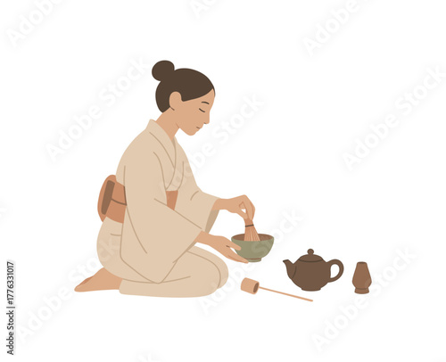 japanese tea ceremony minimal focus and grace mindfulness no outline flat vector illustration style isolated on white background soft neutral palette