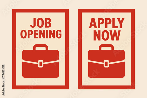 Job Recruitment Banners. Recruitment. Two vertical A6 banners with safe margins, centered composition, no elements touching edges, bold, red and beige,