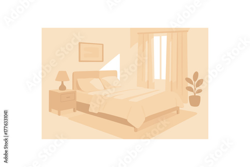 soft minimal bedroom morning scene sunlight through curtains comfort no outline flat vector illustration style isolated on white background soft neutral tones