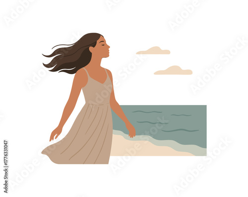 woman flowing dress standing near ocean breeze soft movement mindfulness no outline flat vector illustration style isolated on white background muted soft tones
