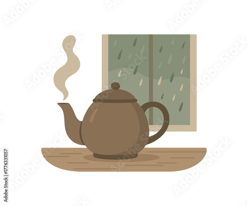 tea pot steaming near rainy window afternoon calm home vibe no outline flat vector illustration style isolated on white background muted natural palette