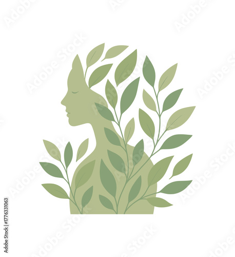 female outline made of leaves natural spirit and calm balance concept no outline flat vector illustration style isolated on white background gentle tones