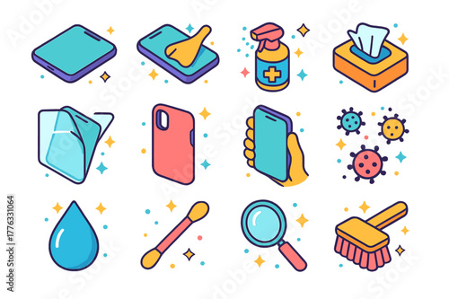 Phone Care Icons. Phone care. Colorful isometric vector icons set of phone care: smartphone, cleaning cloth, disinfecting spray, wipes, screen protector, phone