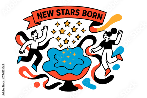 Cosmic Birth Celebration. Cosmic Birth Announcement. Tiny star icons pop like confetti from a glowing cradle of gas; a banner reads ?New Stars Born.? Dust