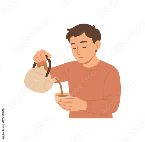 pouring tea from kettle into small cup gentle concentration no outline flat vector illustration style isolated on white background soft light palette