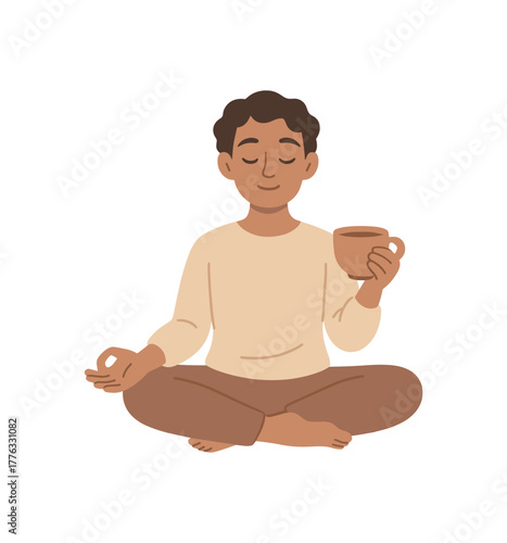 person meditating with cup of tea relaxed breathing awareness no outline flat vector illustration style isolated on white background soft neutral palette