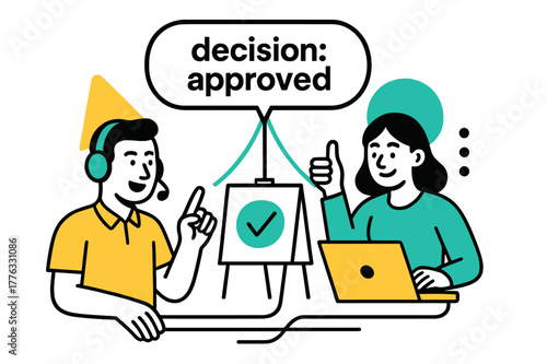 Clear Communication Illustration. Clarity in Communication. Headset, laptop, and whiteboard align under a single speech bubble reading ?decision: approved?.