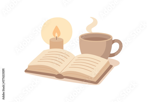 open book cup of tea candle glowing soft quiet home atmosphere no outline flat vector illustration style isolated on white background muted gentle tones
