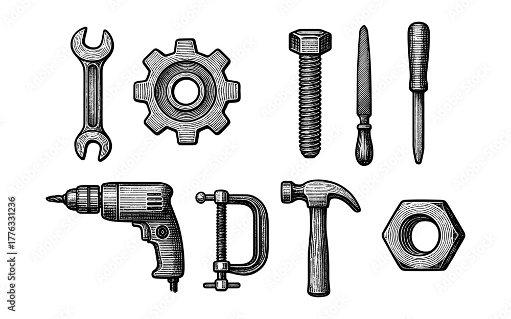 Fototapeta premium Vintage tool collection in detailed black and white engraving style