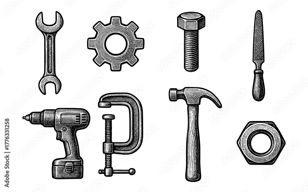 Fototapeta premium Vintage engraving style tools and hardware set for diy projects