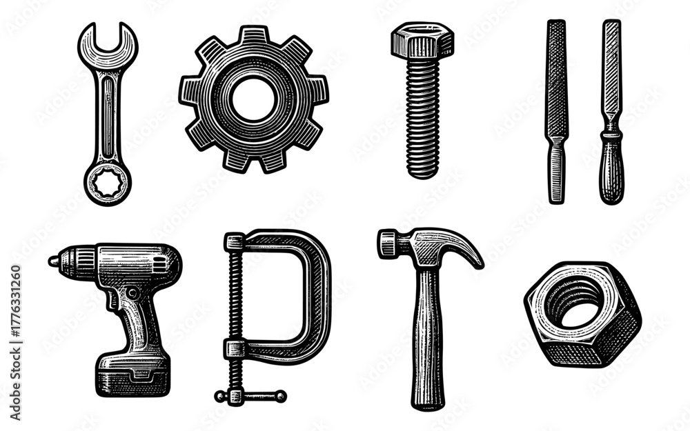 Fototapeta premium Vintage engraved toolkit: hammer, wrench, and more essential tools