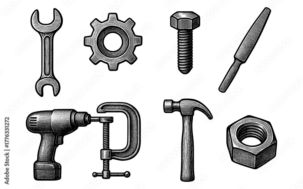 Fototapeta premium Retro style engraved hand tools collection: hammer, drill, wrench, and more