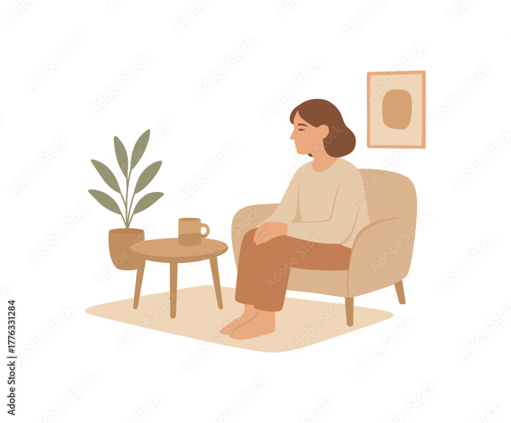 Fototapeta premium soft minimal interior with natural light open space calm thoughts no outline flat vector illustration style isolated on white background muted warm tones