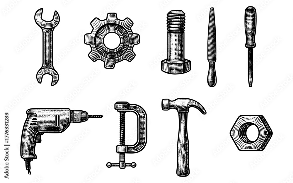 Fototapeta premium Detailed engraving of hand tools and hardware in vintage style