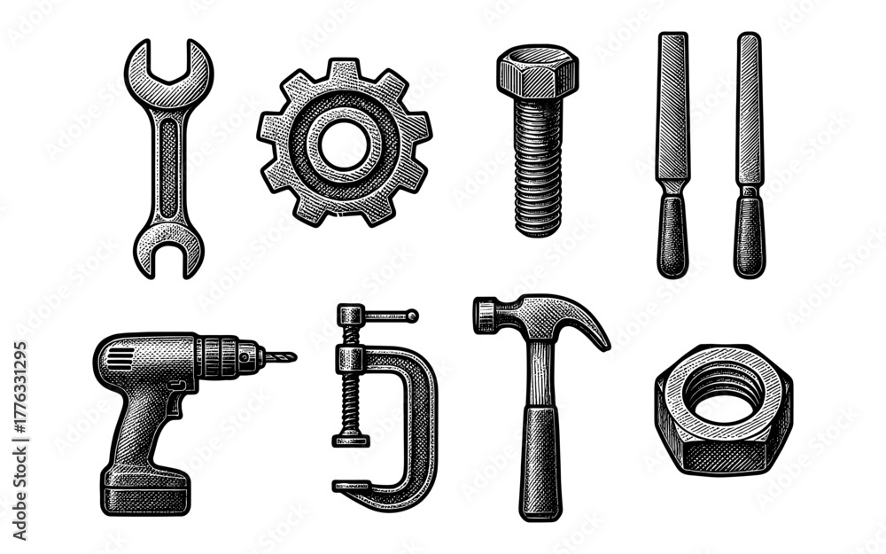 Obraz premium Intricate vintage tool collection with engraving style for diy projects