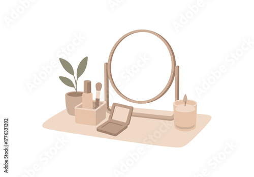 minimal makeup vanity with mirror candle and small plant gentle tones no outline flat vector illustration style isolated on white background soft neutrals