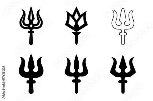 Ancient Deity Logos. Ancient gods and goddesses in a mystical landscape. Set Logo of Ancient gods and goddesses in a mystical landscape: Shiva trident. Icon