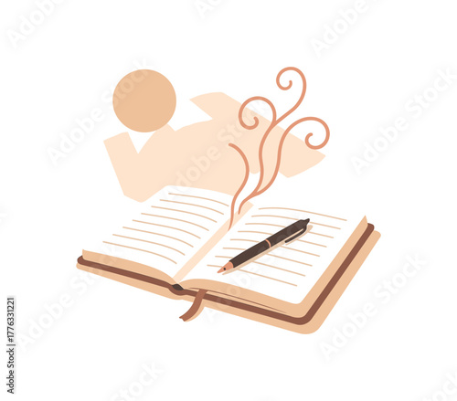soft morning light and open notebook thoughts flowing calm inspiration no outline flat vector illustration style isolated on white background muted warm tones