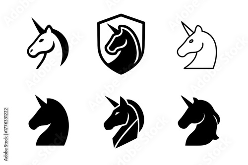 Fairy-Tale Icons. fairy-tale creatures. Set Logo of fairy-tale creatures: Unicorn head profile. Icon set. harmonious logo variations of the same emblematic