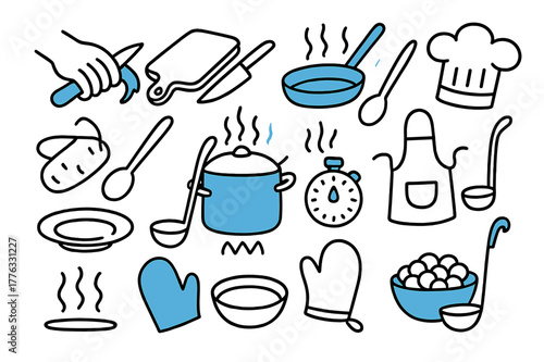Cooking Doodle Icons. // Cooking process. Hand-drawn doodle illustration cooking process [peeling hand (accented), chopping board, frying pan (accented),