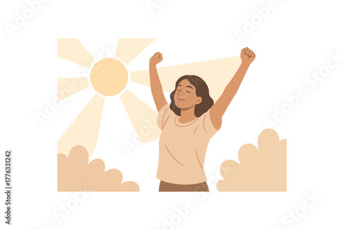 stretching arms under sunlight feeling energy and calm awakening no outline flat vector illustration style isolated on white background soft neutral hues