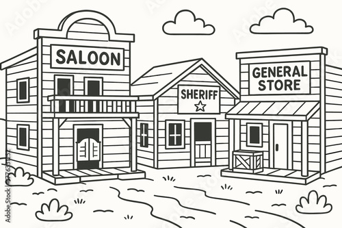 Western Town Coloring. Western town children?s coloring book illustration, outlined drawing, small wooden buildings with a saloon, sheriff?s office, and