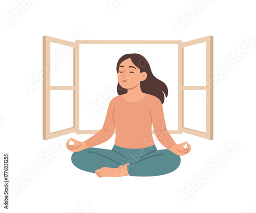 woman meditating by open window breathing fresh air tranquility no outline flat vector illustration style isolated on white background soft colors balanced