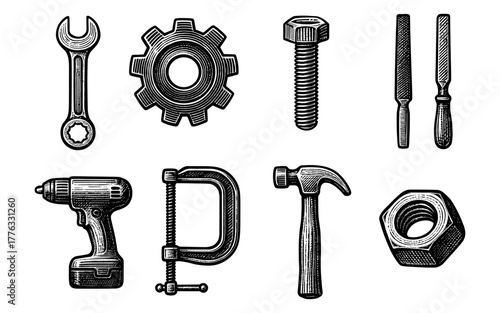 Vintage engraved toolkit: hammer, wrench, and more essential tools