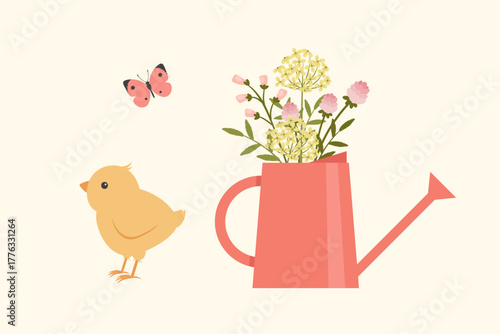 Spring chick and watering can with flowers vector illustration. Seasonal cute spring card.