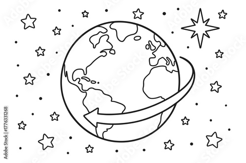 Earth Rotation Coloring Page. Stars and Earth?s rotation children?s coloring book illustration, outlined drawing, a globe showing a curved arrow of rotation