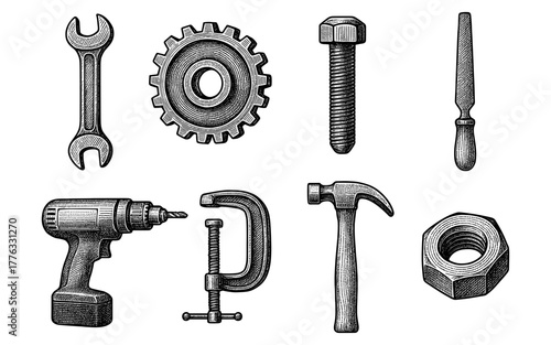 Vintage engraved tool set with hammer, drill, and wrench on white background