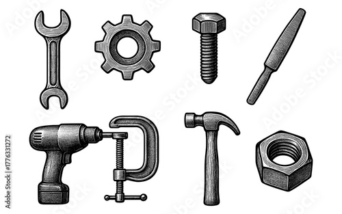 Retro style engraved hand tools collection: hammer, drill, wrench, and more