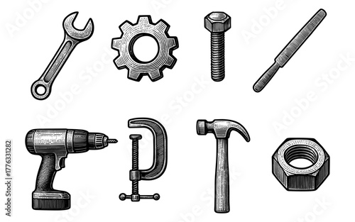 Vintage toolbox set with hand drawn tools featuring hammer, wrench, and drill