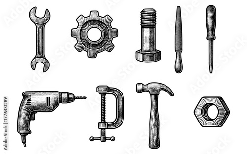 Detailed engraving of hand tools and hardware in vintage style