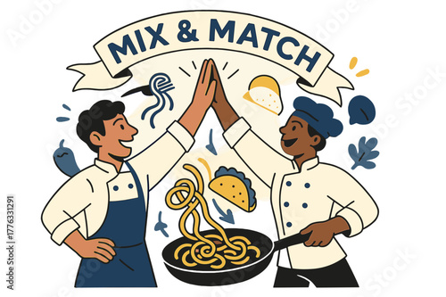 Fusion Cuisine Celebration. Cuisine fusions. Chefs high-five over a sizzling pan where noodles twist with tacos; ?Mix & Match? ribbon arcs above. Flavor icons