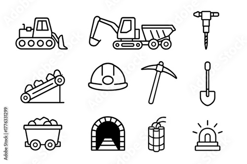Mining Icon Set. Mining and excavation. Line icon set of mining and excavation: bulldozer, excavator, dump truck, rock drill, conveyor belt, safety helmet,