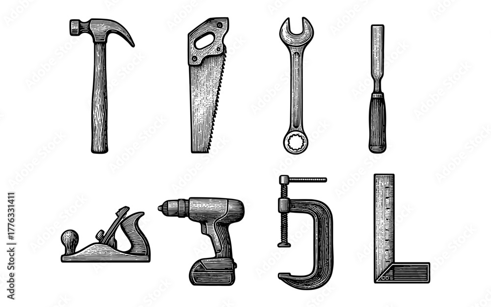 Fototapeta premium Vintage woodworking tools set in retro engraving style for diy and craft projects