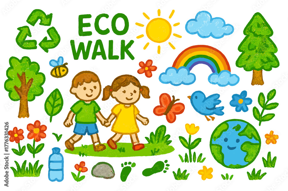 Fototapeta premium Eco Walk Adventure. Eco walk. Colorful Hand-drawn doodle Children illustration Eco walk recycle sign, leaves, trees, sun, clouds, flowers, birds, earth globe,