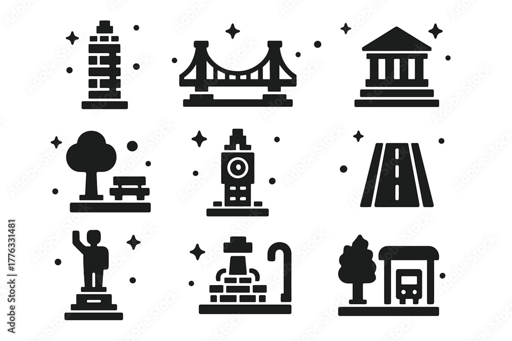 Fototapeta premium Mini Icons. Miniature Architecture. Solid icons set of Miniature Architecture: skyscraper, bridge, museum, park, clock tower, road, statue,